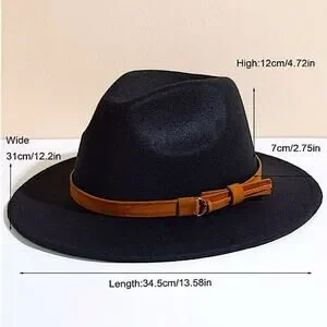 Fedora Black Hat Unisex Classy Chic Men Women Buckle Strap Lisianthus Men & Women Vintage Wide Brim Fedora Hat with  main image 3